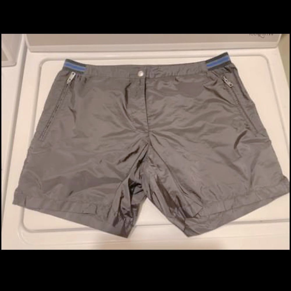 Prada Mens bathing suit size US 40 dark gray with blue elastic band never worn